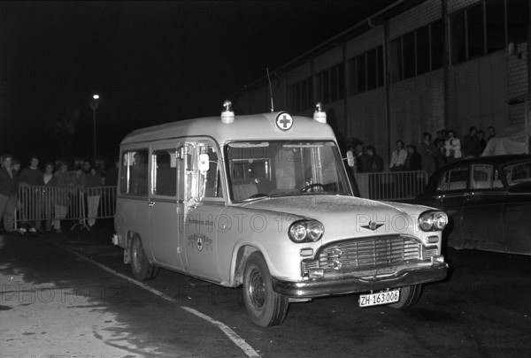 Ambulance in front of the Hallenstadion during monster concert 1968.