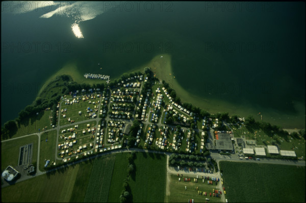 Lake Sempach with swimming baths and camping site, 1981.