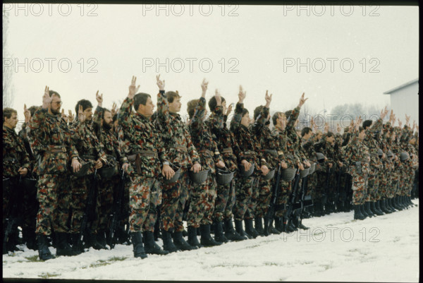 Swiss soldiers taiking the oath, Geneva 1985.