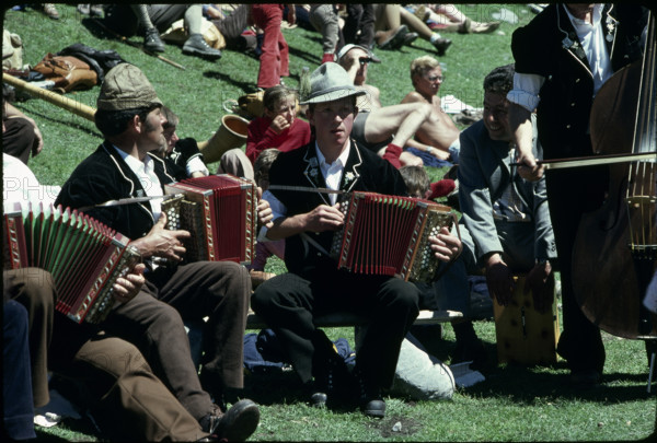 Folk music band at the sheep festival, Gemmi pass 1980