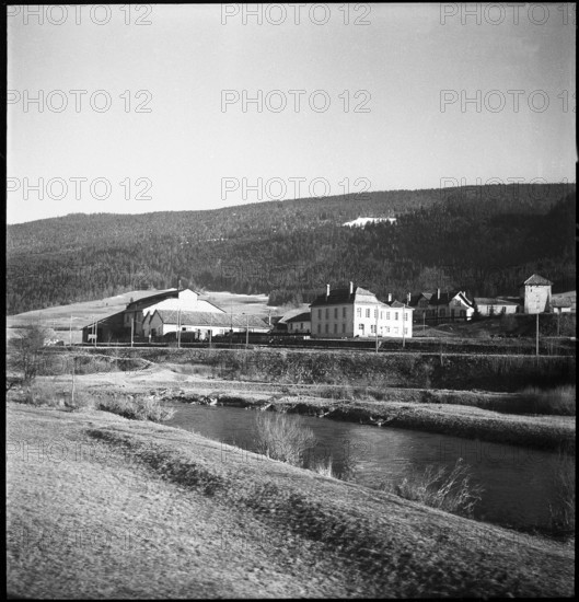 Val de Travers, Travers, river L' Areuse and asphalt mine; 1950