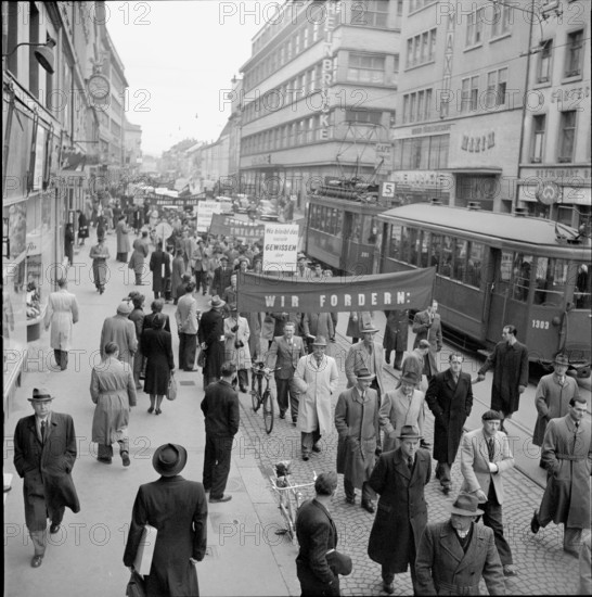Workers protest against redundancy; 1950