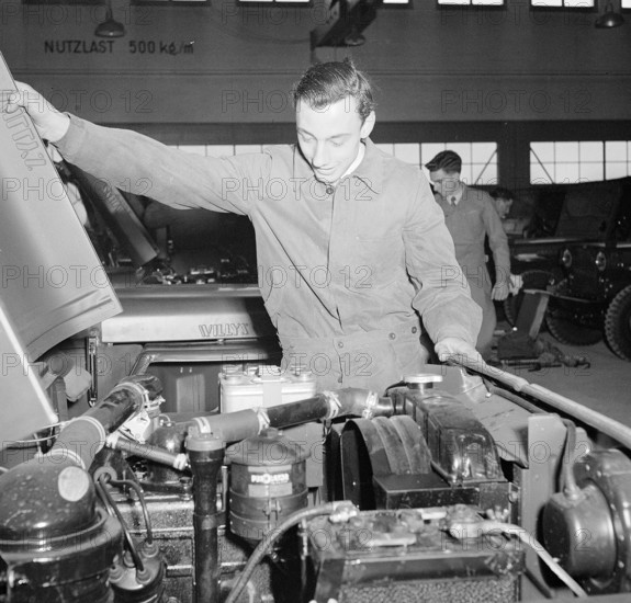 Recruit at introductory course in handling of army Jeep, Thun 1950