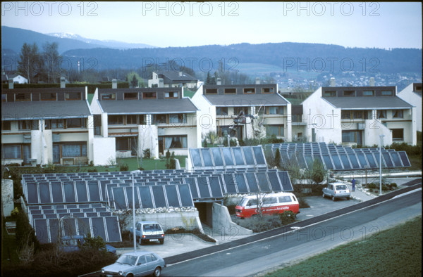 Solar collectors in housing estate, Cortaillod 1985