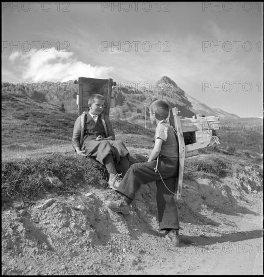 Farmer boys with backpack racks, Bettmeralp 1952