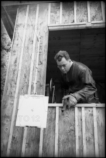 Erwin Vogt in self-built 50m shooting stand, gallery, 1962