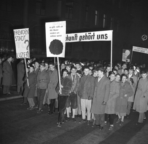 Young people protest against demolition of historic buildings; 1960
