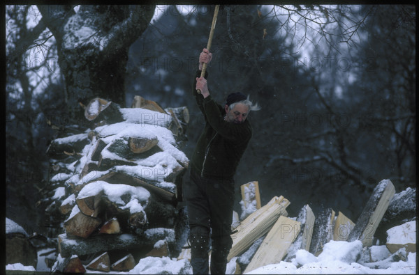 Swiss celebrities fitness training: Fritz Hari chopping wood 1986