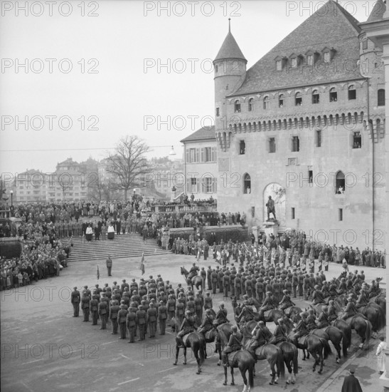 Military ceremony on castle square Lausanne 1956