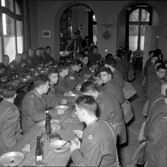 Dinner at recruit training, Morges 1955