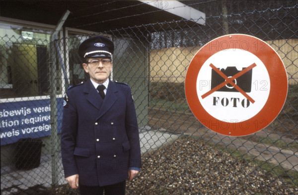 security guard; Ford proving ground, testing compound, Lommel 1983