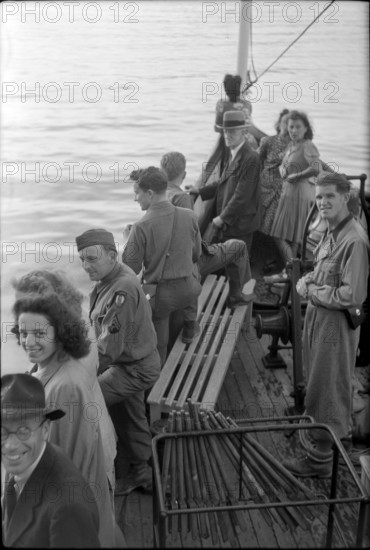 After WW2: American soldiers on steam boat, 1945