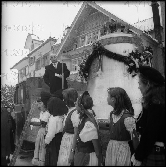 Girls from the Pestalozzi village escorting church bell lifting ceremony in Trogen 1958