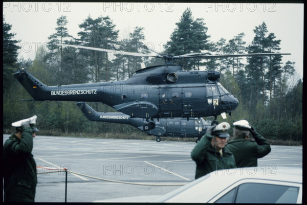 Army helicopter landing, concentration camp Bergen-Belsen 1985
