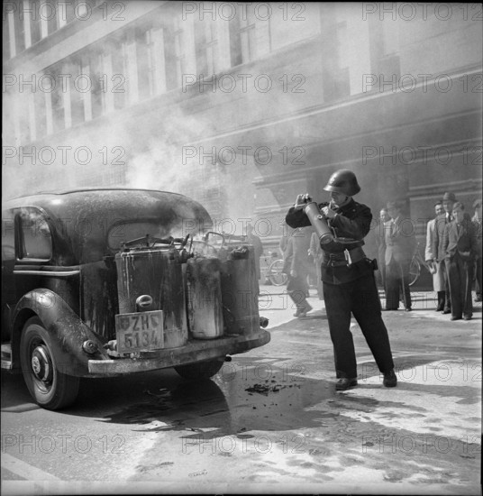 Carbide car after acetylene explosion in carburettor, Zurich 1943