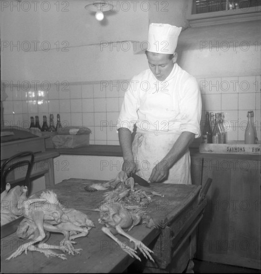 Grand hotel Bürgenstock, cook deboning poultry; 1948