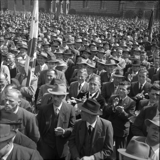 Farmers protest against milk price reduction; cut in milk price; 1954