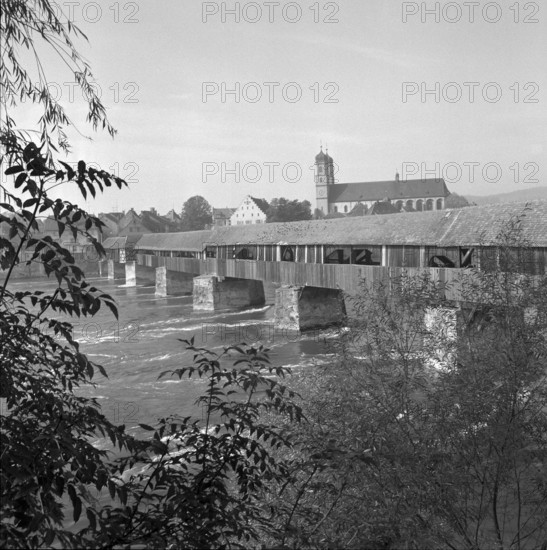 Roofed wooden bridge over the Rhine; 1953