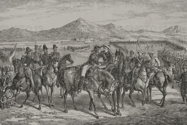 Rafael Maroto (1783-1847). Spanish military. He joined the troops of the pretender Carlos VI in the First Carlist War. Baldomero Espartero (1793-1879). Spanish military, general in chief of the Isabella II army. ""The Embrace of Vergara"" (August 31, 1839). Ceremony ending the First Carlist War held by Espartero (Isabelines) and Maroto (Carlists). Engraving. ""Espartero: su vida militar, politica, descriptiva y anecdotica"" (Espartero: his military, political, descriptive and anecdotal life). Volume I, 1879.