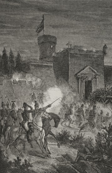 History of Spain. First Carlist War (1833-1840). Taking of Morella (18 to 30 May 1840). General Espartero during the final storming of the town to take prisoner all the Carlist soldiers led by General Ramon Cabrera. Sinking of the bridge on the night of 29 May 1840. Engraving by Gomez. ""Espartero: su vida militar, politica, descriptiva y anecdotica"" (Espartero: his military, political, descriptive and anecdotal life). Volume I, 1879.
