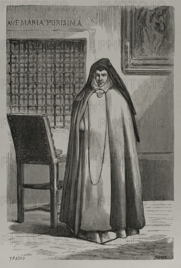Sor Patrocinio, so-called also known as ""the nun of the wounds"" (1811-1891). Spanish nun of the Order of the Immaculate Conception. Portrait. Drawing by T. Padro. Engraving by Gomez. ""Espartero: su vida militar, politica, descriptiva y anecdotica"" (Espartero: his military, political, descriptive and anecdotal life). Volume II, 1879.