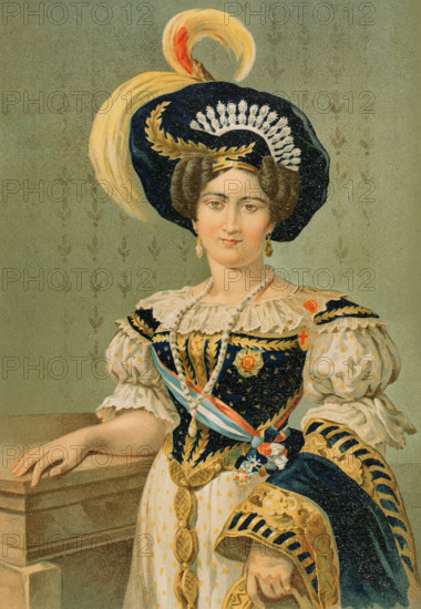 Maria Francisca of Braganza (1800-1834). Portuguese infanta of the House of Braganza. First wife of the Carlist pretender to the Spanish throne, Carlos Maria Isidro de Borbon (1788-1855). Portrait. Chromolithography. ""Historia de la guerra civil y de los partidos liberal y carlista"" (History of the Civil War and the Liberal and Carlist parties), by Antonio Pirala. Volume I. Madrid, 1889.
