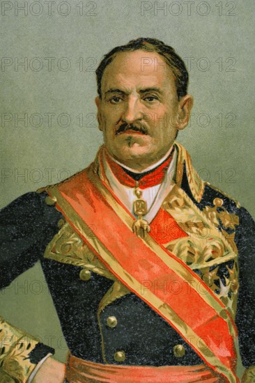 Joaquin Baldomero Fernandez-Espartero Alvarez de Toro (1793-1879), called Baldomero Espartero. Spanish military and politician. He served as the Regent of Spain. Portrait. Chromolithography. Detail. ""Historia de la guerra civil y de los partidos liberal y carlista"" (History of the Civil War and the Liberal and Carlist parties), by Antonio Pirala. Volume I. Madrid, 1889.