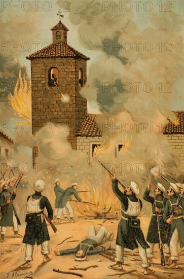 History of Spain. First Carlist War (1833-1840). On 6 and 7 August 1835, General Cabrera ordered attacks in different places in order to mislead the Liberal army. The Carlist ringleaders Quilez and Jose Miralles de Benasal, known as ""el Serrador"", entered the town of Albocacer (province of Castellon) on 6 August with more than 1,500 soldiers. The scarce local garrison, formed by a total of twenty-eight men belonging to the first battalion of volunteers of Valencia, led by sub-lieutenant Liborio Lassantas, retreated into the church from where they fought a difficult resistance. Heroic defence of Albocacer. Illustration by J. Alaminos. Chromolithography. ""Historia de la guerra civil y de los partidos liberal y carlista"" (History of the Civil War and the Liberal and Carlist parties), by Antonio Pirala. Volume I. Madrid, 1889.