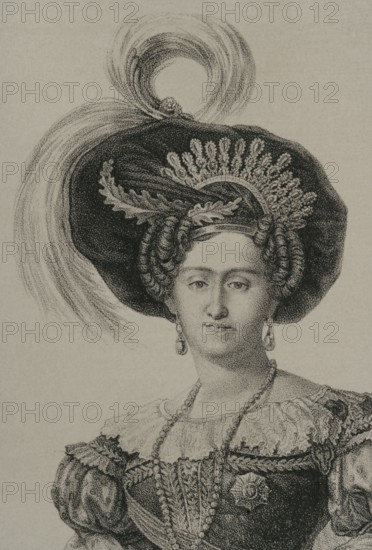 Maria Francisca of Braganza (1800-1834). Portuguese infanta of the House of Braganza. First wife of the Carlist pretender to the Spanish throne, Carlos Maria Isidro de Borbon (1788-1855). Portrait. Lithography. Detail. ""Historia de la guerra civil y de los partidos liberal y carlista"" (History of the Civil War and the Liberal and Carlist parties), by Antonio Pirala. Volume I. Madrid, 1868.
