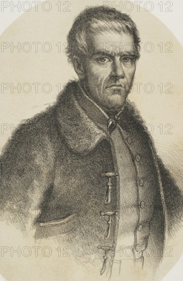 Jeronimo Merino Cob, known as ""el Cura Merino"" (The Priest Merino) (1769-1844). Spanish priest and guerrilla fighter during the Spanish War of Independence. He fought on the side of the pretender Don Carlos during the Carlist War. Portrait. Lithography. Detail. ""Historia de la guerra civil y de los partidos liberal y carlista"" (History of the Civil War and the Liberal and Carlist parties), by Antonio Pirala. Volume II. Madrid, 1868.