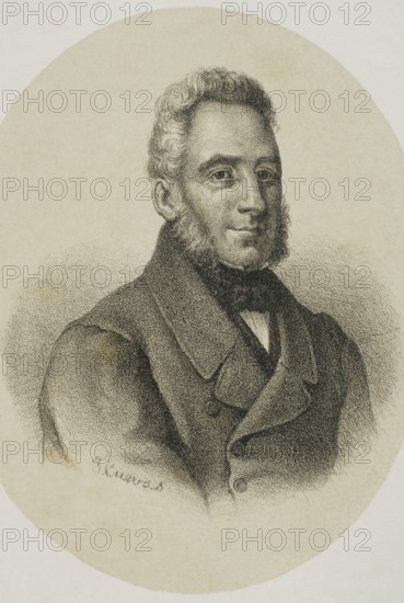 Francisco Espoz y Mina (1781-1836). Spanish military. Leader of the guerrillas of Navarre during the Spanish War of Independence (1808-1814). He fought on the Isabeline army in the First Carlist War (1833-1840), being the most responsible for the fight in the north of Spain against the Carlists. Portrait. Drawing by Jose Cuevas. Lithography. ""Historia de la guerra civil y de los partidos liberal y carlista"" (History of the Civil War and the Liberal and Carlist parties), by Antonio Pirala. Volume II. Madrid, 1868.