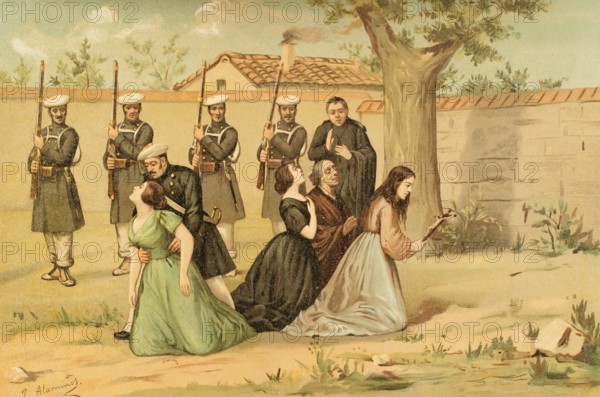 History of Spain. First Carlist War (1833-1840). By order of the Carlist general Ramon Cabrera, on 27 February 1836, the wife of Colonel Fontiveros (Maria Roque) and three other women, Cinta Foz, Francisca Urquizu and Mariana Guardia, were shot in an orchard in Valderrobres (province of Teruel, Aragon), merely because they belonged to liberal families. These executions, along with many others ordered by Cabrera, were in reprisal for the execution of his mother a few days earlier. Illustration by J. Alaminos. Chromolithography. ""Historia de la guerra civil y de los partidos liberal y carlista"" (History of the Civil War and the Liberal and Carlist parties), by Antonio Pirala. Volume II. Madrid, 1890.