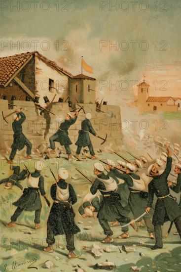 History of Spain. First Carlist War (1833-1840). Taking of Beceite by Carlist troops in August 1834. The fort of Beceite is attacked by 800 Carlist soldiers. Illustration by J. Alaminos. Chromolithography. ""Historia de la guerra civil y de los partidos liberal y carlista"" (History of the Civil War and the Liberal and Carlist parties), by Antonio Pirala. Volume II. Madrid, 1890.