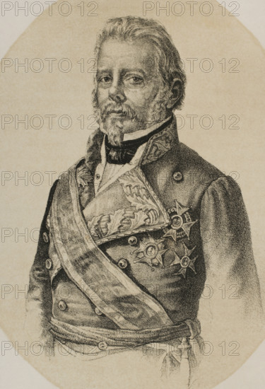 Evaristo San Miguel (Evaristo Fernandez de San Miguel y Valledor) (1785-1862). Spanish military officer and politician. Duke of San Miguel. Portrait. Lithography. ""Historia de la guerra civil y de los partidos liberal y carlista"" (History of the Civil War and the Liberal and Carlist parties), by Antonio Pirala. Volume III. Madrid, 1869.