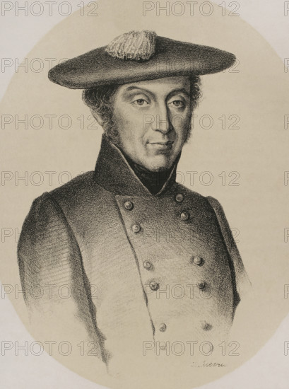 Miguel Gomez Damas (1785-1864). Spanish military. He fought on the Carlist troops during the two first Carlist wars. Portrait. Drawing by Jose Cuevas. Lithography. ""Historia de la guerra civil y de los partidos liberal y carlista"" (History of the Civil War and the Liberal and Carlist parties), by Antonio Pirala. Volume III. Madrid, 1869.