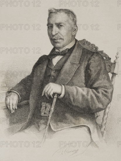 Juan Antonio Zaratiegui Celigueta (1804-1873). Spanish military officer. He fought on the Carlist side during the First Carlist War. Assistant to General Tomas de Zumalacarregui. He was imprisoned and went into exile in France in 1839. In 1849 he was pardoned. As lieutenant general, he was appointed director general of the Civil Guard (Guardia Civil) on 16 September 1868. Portrait. Drawing by Jose Cuevas. Lithography. ""Historia de la guerra civil y de los partidos liberal y carlista"" (History of the Civil War and the Liberal and Carlist parties), by Antonio Pirala. Volume IV. Madrid, 1869.