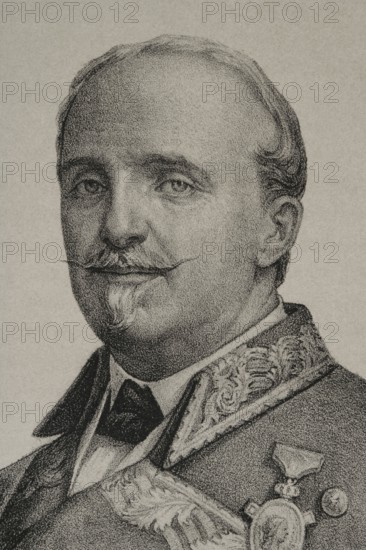 Leopoldo O'Donnell (1809-1867). Spanish military and politician. President of the Spanish government on several occasions after Espartero's Progressive Biennium (1854-1856). Portrait. Drawing by Jose Cuevas. Lithography. Detail. ""Historia de la guerra civil y de los partidos liberal y carlista"" (History of the Civil War and the Liberal and Carlist parties), by Antonio Pirala. Volume IV. Madrid, 1869.