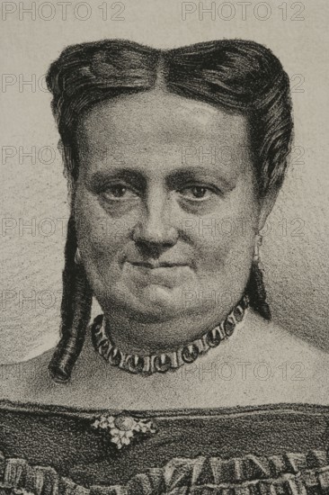 Maria Cristina de Borbon of the Two Sicilies (1806-1878). Queen consort of Spain between 1829 and 1833 by her marriage to King Ferdinand VII, of whom she was his fourth and last wife. Regent of the kingdom from 1833 to 1840. Portrait. Drawing by Jose Cuevas. Lithography. Detail. ""Historia de la guerra civil y de los partidos liberal y carlista"" (History of the Civil War and the Liberal and Carlist parties), by Antonio Pirala. Volume V. Madrid, 1869.