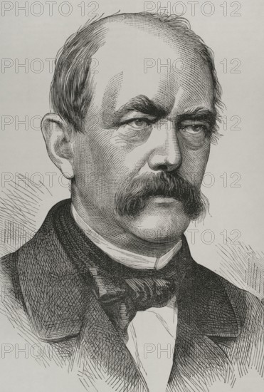 Otto von Bismarck (1815-1898). German statesman and politician. Artificer of the German unification in 1871. Portrait. Engraving. ""Historia de la Guerra de Francia y Prusia"" (History of the War between France and Prussia). Volume I. Published in Barcelona, 1870.