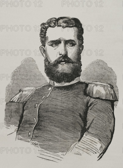 Leopold, Prince of Hohenzollern (1835-1905). Prussian noble, politician and military officer of the House of Hohenzollern. After the overthrow in 1868 of Queen Isabella II of Spain (1830-1904), Spanish General Juan Prim proposed in 1870 the Prince of Hohenzollern for the Spanish throne. Portrait. Engraving by Caba. ""Historia de la Guerra de Francia y Prusia"" (History of the War between France and Prussia). Volume I. Published in Barcelona, 1870.