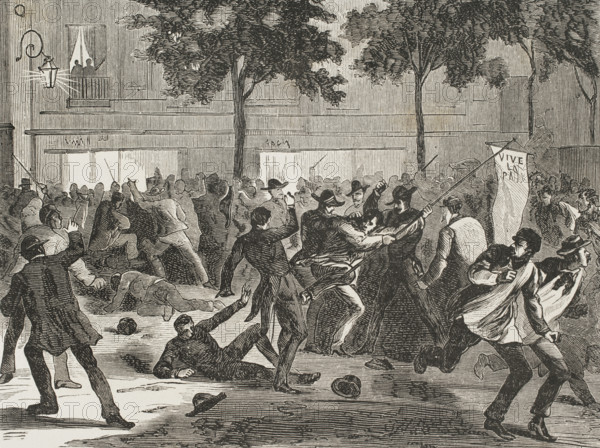 On 16 July 1870, the French parliament voted to declare war on Prussia. Anti-war demonstration in Paris, 16 July 1870. Engraving. ""Historia de la Guerra de Francia y Prusia"" (History of the War between France and Prussia). Volume I. Published in Barcelona, 1870.