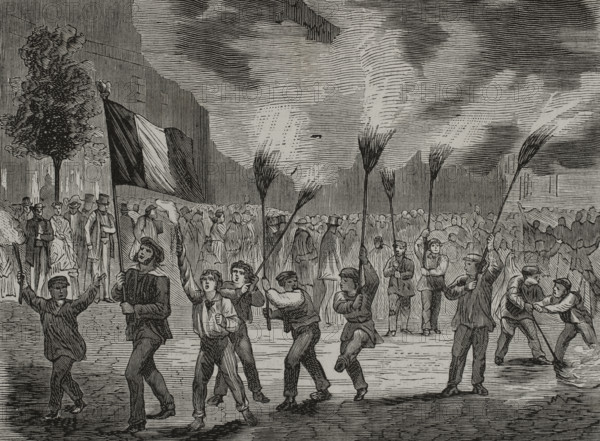 On 16 July 1870, the French parliament voted to declare war on Prussia. Pro-war demonstration in Paris, 16 July 1870. Engraving. ""Historia de la Guerra de Francia y Prusia"" (History of the War between France and Prussia). Volume I. Published in Barcelona, 1870.