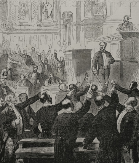 Franco-Prussian War (1870-1871). War declaration. Session of the French Senate of 15 July 1870. Engraving. ""Historia de la Guerra de Francia y Prusia"" (History of the War between France and Prussia). Volume I. Published in Barcelona, 1870.
