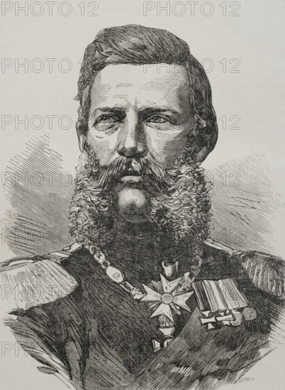 Crown Prince Frederick William of Prussia (1880-1925). Member of the House of Hohenzollern. Portrait. Engraving. ""Historia de la Guerra de Francia y Prusia"" (History of the War between France and Prussia). Volume I. Published in Barcelona, 1870.