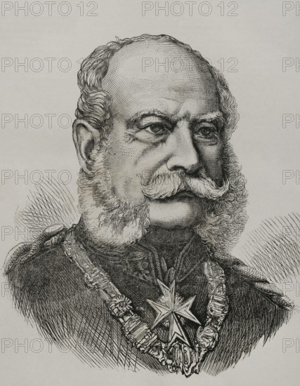William I (1797-1888). King of Prussia (1861-1888) and Emperor of Germany (1871-1888). Portrait. Engraving. ""Historia de la Guerra de Francia y Prusia"" (History of the War between France and Prussia). Volume I. Published in Barcelona, 1870.