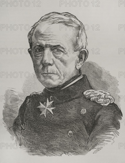 Helmuth von Moltke (Helmuth Karl Bernhard von Moltke) (1800-1891). Prussian field marshal. Portrait. Engraving by Sadurni. ""Historia de la Guerra de Francia y Prusia"" (History of the War between France and Prussia). Volume I. Published in Barcelona, 1870.