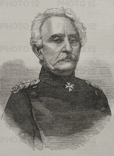 Karl Friedrich von Steinmetz (1796-1877). Prussian Generalfeldmarschall (general field marshal). Portrait. Engraving. ""Historia de la Guerra de Francia y Prusia"" (History of the War between France and Prussia). Volume I. Published in Barcelona, 1870.