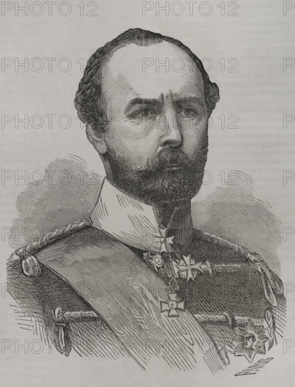 Friedrich Karl (1828-1885). Prince of Prussia of the House of Hohenzollern. Portrait. Engraving by Paris. ""Historia de la Guerra de Francia y Prusia"" (History of the War between France and Prussia). Volume I. Published in Barcelona, 1870.
