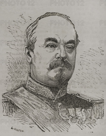 Francois Achille Bazaine (1811-1888). Marshal of France. He took part in the Algerian War, the Crimean War, the Second French Intervention in Mexico and the Franco-Prussian War. Portrait. Engraving. ""Historia de la Guerra de Francia y Prusia"" (History of the War between France and Prussia). Volume I. Published in Barcelona, 1870.