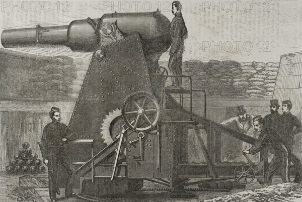 Moncrieff 7-ton gun carriage. Engraving. ""Historia de la Guerra de Francia y Prusia"" (History of the War between France and Prussia). Volume I. Published in Barcelona, 1870.